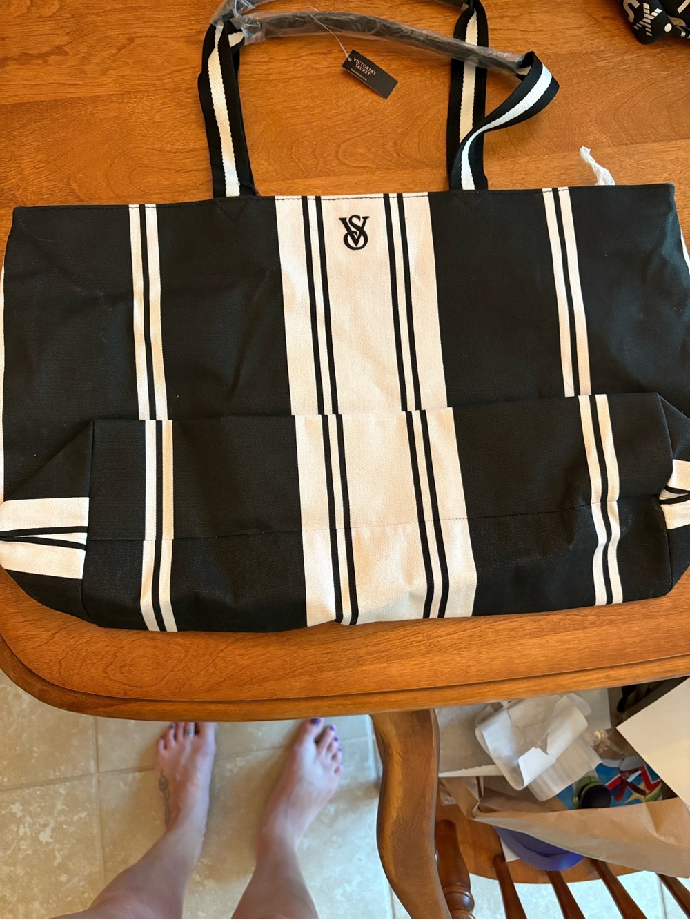 Victoria's Secret Black and White Striped Canvas Tote